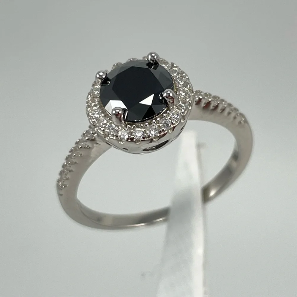 Black Onyx 1ct Moissanite Halo Solid Silver‎ Engagement Ring Sz 6